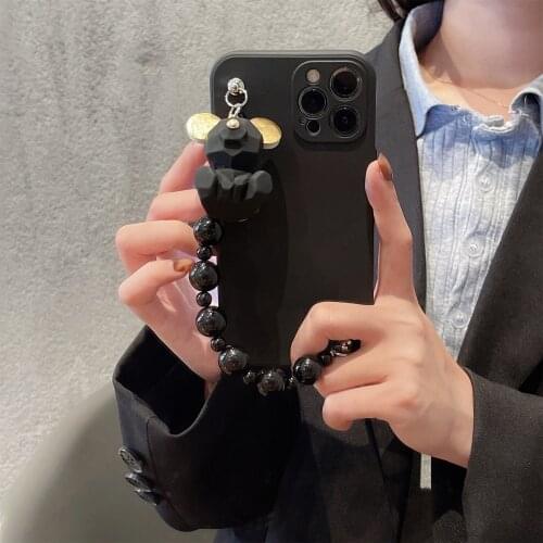 Personality Cute Black Koala Chain With Beads Phone Case For IPhone 12 11 Pro Xs Max X Xr 7 8 Plus Se2 Kawaii Shockproof Cover