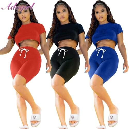 Fitness activewear two piece sets summer plain color short sleeve crop tops t-shirt legging shorts suit outfit sport tracksuit