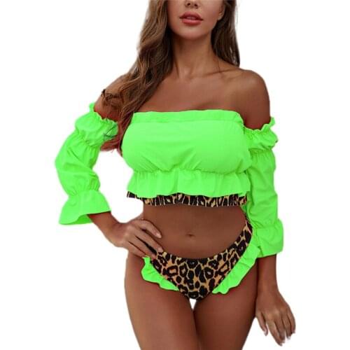 Swimwear Sexy Off Shoulder Ruffle Long Sleeve Bandeau + High Cut Leopard Bottom Bikini 2 Piece Bathing Suit Beach Set