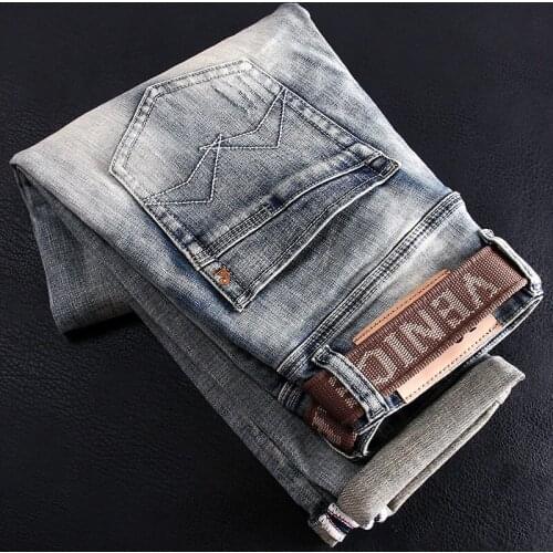 Korean Style Fashion Men Jeans Retro Light Blue Elastic Slim Fit Ripped Jeans Men Embroidery Designer Hip Hop Denim Punk Pants