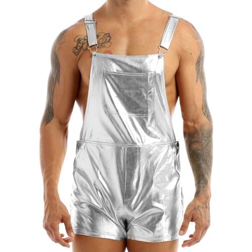 Mens Shiny Metallic Adjustable Wide Shoulder Straps Bib Overall Suspender Shorts Festival Glossy Fancy Dress