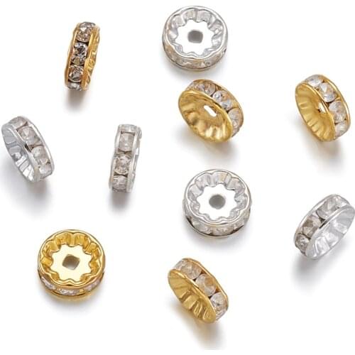 Pandahall 20pcs Brass Rhinestone Spacer Beads Round Spacers Jewelry FIndings For Making Bracelets Necklace Golden Silver Color