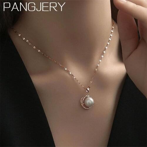 PANGJERY 925 Sterling Silver Prevent Allergy Single Pearl Necklaces for Women Fashion Asymmetric Geometric Birthday Jewelry Gift