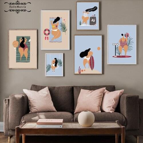Cartoon Funny Lovely Obese Woman Vacation Illustration Poster Summer Holiday Canvas Painting Wall Art Pictures for Home Decor