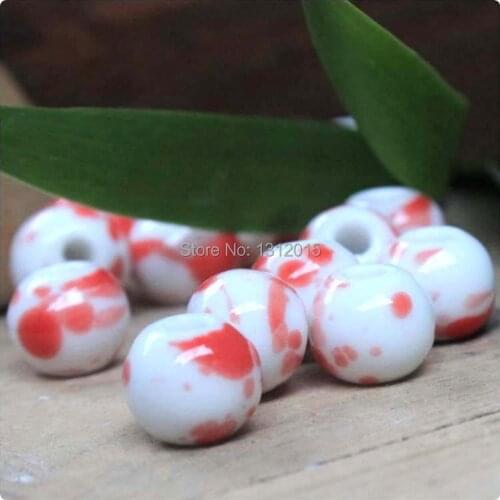 On sale Chinoiserie 6mm 100pcs White Porcelain Ceramic round Beads,Red Spotted pattern Spacer beads Free shipping YS0007