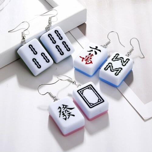 Creative Acrylic Chinese Mahjong Pink Blue Drop Earrings For Women Girls Fashion Exaggerated Funny Dangle Earrings Party Jewelry