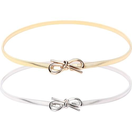 Chic Fashion Women Metal Belt Bowknot Clasp Front Stretch Skinny Waist Strap Elastic Waistband Belts For Dress Gold/Silver