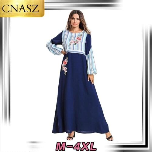 Middle Eastern Muslim Fashion Large Size Womens Islamic Turkey Dubai Striped Stitching Long-Sleeved Dress Morrocan Arab Skirt