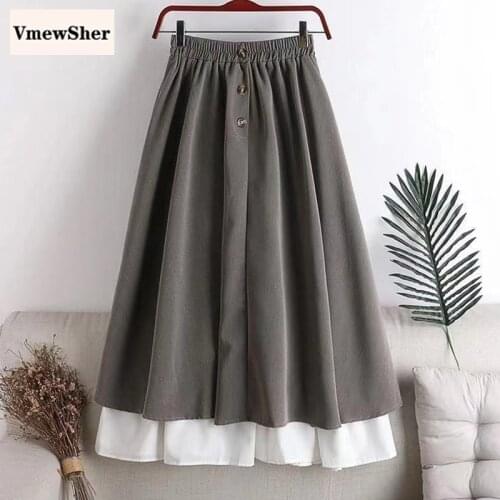 VmewSher New Spring 2 Layer Women Skirts Color Block Elastic High Waist a Line Mid-calf Length Long Summer Buttons Plain Skirt