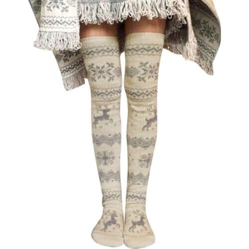 Women Christmas Knitted Stockings Thickened Thigh High Over Knee Long Snowflakes Elk Pattern Stockings -MX8