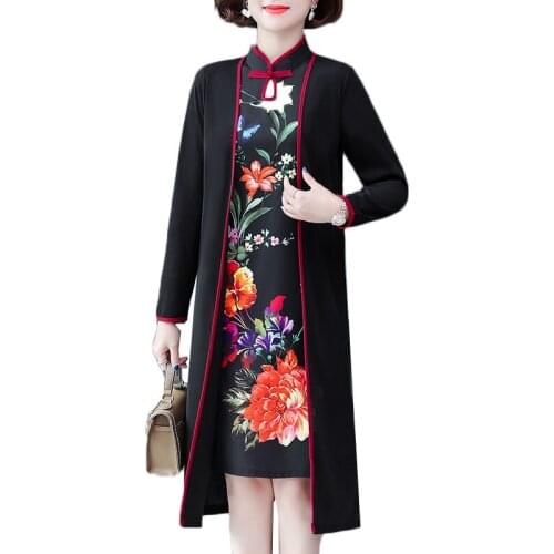 Womens Dress Two Piece Set 2021 New Autumn Long Coat And Printed Dress 2PCS Chinese Style Mother Cheongsam Dress Plus Size 5XL