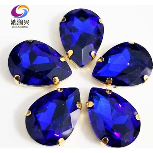 Golden bottom Royalblue DR shape High quality AAA Glass Crystal sew on claw rhinestones,Diy/Clothing accessories SWSG10