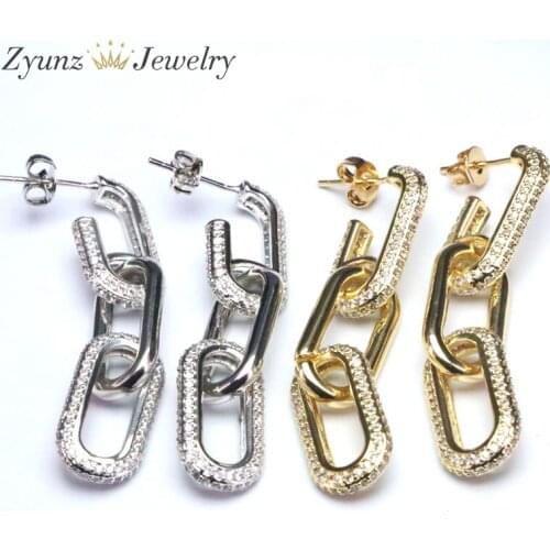 3 Pairs, Cubic Zircon Fashion Geometric Punk Chain Earring, Mix Color Women New CZ Micro Paved Stud Earrings For Female Jewelry