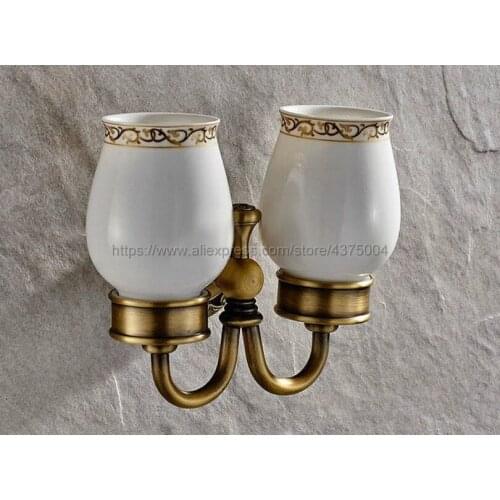 Antique Brass Bathroom Accessory Wall Mounted Toothbrush Holder with Two Ceramic Cups Nba495