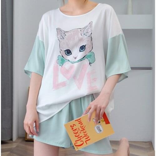 Satin Casual Pajamas Women Knitted Cotton Cartoon Pj Sets 2 Piece Silk Sleepwear Pijama Mujer Short Pullover Top Shorts Homewear