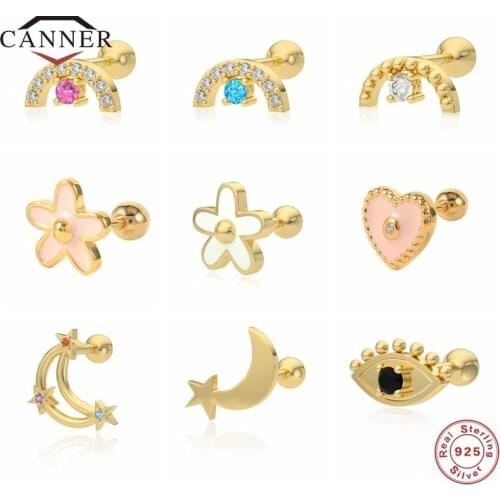 CANNER 925 Sterling Silver Fine Jewelry Pierced Mini Stud Earrings for Women Men Small Piercing Enamel Earings Gifts for Girl