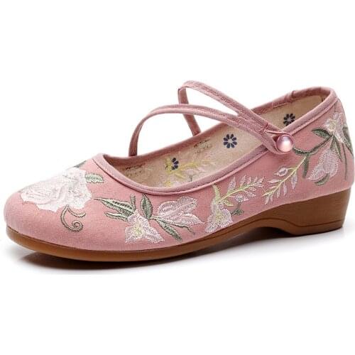 Vintage Flowers Embroidered Ladies Canvas Ballerinas Shoes Triangle Button Women Casual Comfortable Jacquard Cotton Ballet Flats