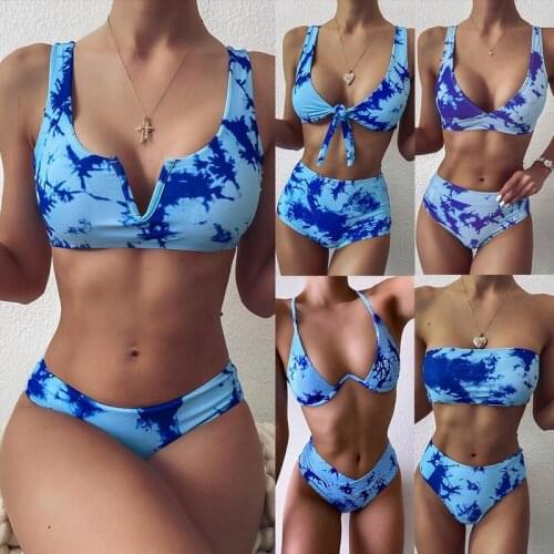 Push Up Bikinis Blue Swimsuit Female V-neck Swimwear Women Low Waist Biquini Bathing Suits 2021 New Bikini Set Beachwear