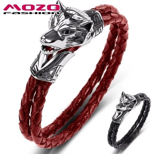 MOZO FASHION Men Jewelry Genuine Leather Bracelet Stainless Steel Punk Ferocious Wolf Charm Exaggeration Wholesale 2021 Gift 545