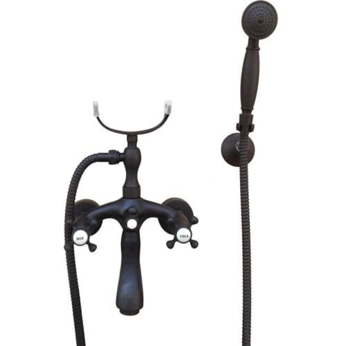 Black Oil Rubbed Brass Double Cross Handles Wall Mounted Claw Foot Bathroom Tub Faucet Mixer Tap With Handshower mtf567