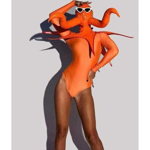 Octopus Outfit GOGO Dance Costume Female Orange Bodysuit Rave Accessories Headwear Nightclub DJ DS Wear Performance Costume 1483