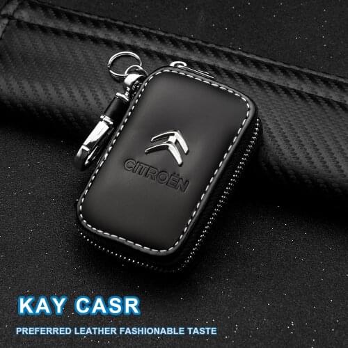 Leather Car Key Case Remote Control Key Case Leather Zipper Keychain for Citroen C5 C8 DS C-ELYSEE VTS C4l DS3 Auto Accessories