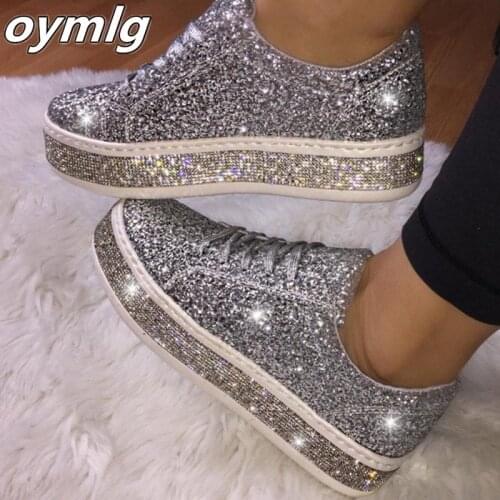2020 Women Vulcanize Shoes Sneakers Sliver Bling Shoes Girl Flat Glitter Sneakers Casual Female Breathable Lace Up Sport Shoes