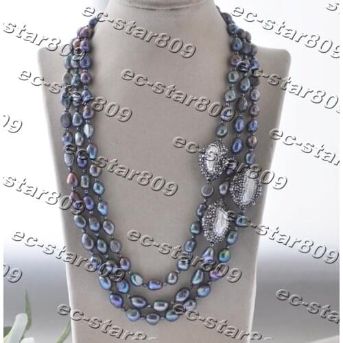 Z11238 3Row 22" 28mm Baroque Peacock-Black White Pearl CZ Necklace Woman Fashion Jewelry