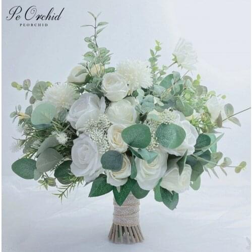 PEORCHID White Greenery Peonies Rose Wedding Bouquet Boho Artificial Bridesmaids Holding Flowers Bridal Eucalyptus Hand Bouquet