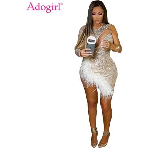 Adogirl Sheer Mesh Patchwork Feathers Sequins Dress One Shoulder Long Sleeve Bodycon Mini Night Club Party Dresses Vestidos