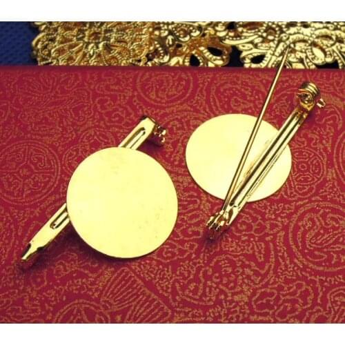 18mm Blank Brooches Bases Settings Flat Circle Glue Bezel Pad Pins Back Findings Golden tone Plated Brass