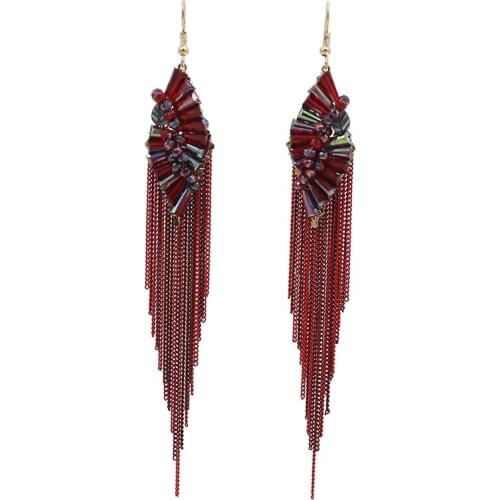 Trendy dangling crystal earrings bohemian Handmade Blue Green Red Colorful Chain Long Tassel dangle Earrings Women Boho Jewelry