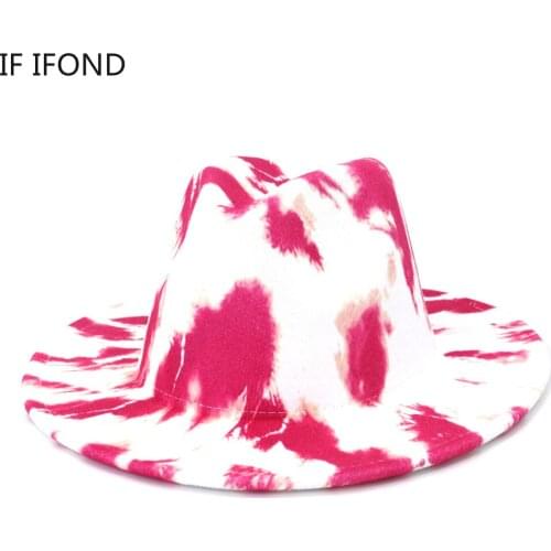 New Multicolor Women Winter Hats Tie dye Printing Wide Brim Felt Fedora Hat Fascinator Church Panama Sombrero Jazz Cap