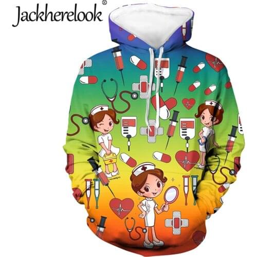 Jackherelook Oversized Sweatshirts for Womens Rainbow Cartoon Nurse Medical Print Hoodie Ladies Hoodies Pullover with Pockets