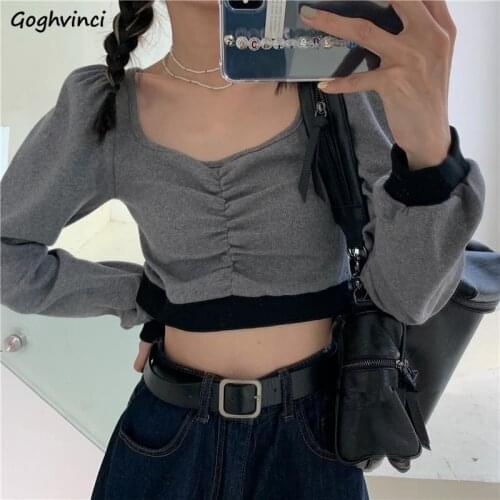 Women Long Sleeve T-shirts Patchwork Crop Tops Pleated Square Collar Sexy Females Leisure Chic Night Club Trendy Korean Style
