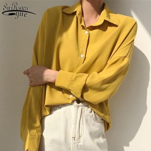 Summer Single-Breasted Long Sleeve Womans Shirts Solid Vintage Wild Top Female Loose Temperament 4 Colors for Choosing 9681
