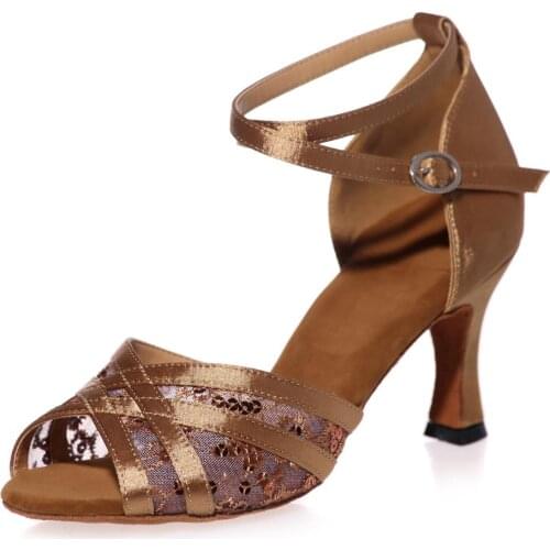Sweet lady latin dance shoes satin patched with lace girls ballroom professional Salsa tango party dancing sandals 7.5cm heel