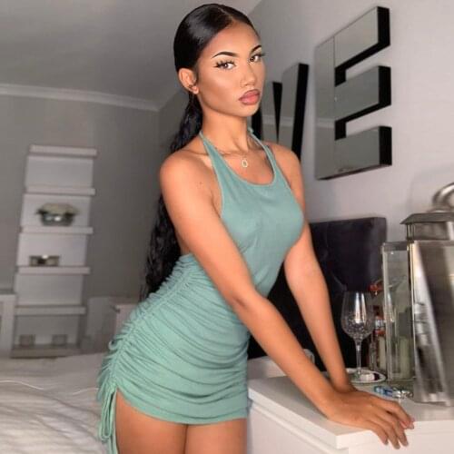 Cryptographic Drawstring Ruched Sexy Halter Backless Mini Summer Dress Club Party Sleeveless Dresses 2021 Women Clothes Vestidos