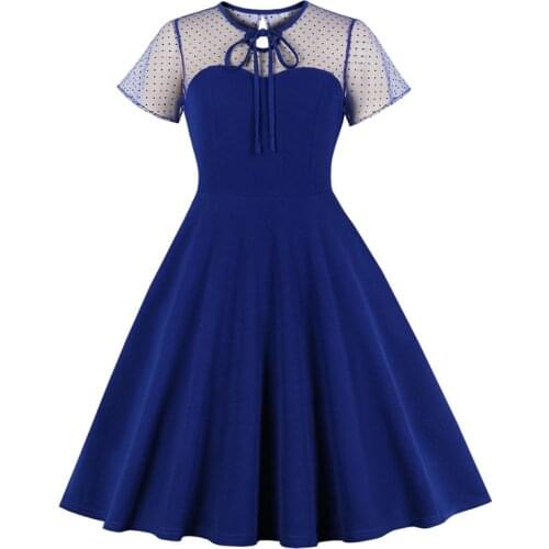 Bow Tie Neck Mesh Short Sleeve A Line Vintage Swing Dresses Women 2021 Summer Robe Solid Color Elegant 50s 60s Plus Size Dress