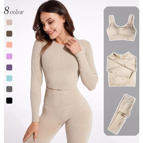 Seamless Yoga Suit Sports Set Gym Clothes Fitness Women Long Sleeve Crop Top High Waist Leggings Ribbed Workout Set Tracksuits