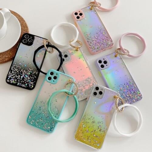 Epoxy Glitter Sequins Bracelet Ring Laser Paper Case for iPhone 12 Mini 11 Pro XS Max X XR 7 8 Big Circle Hand Ring Holder Cover