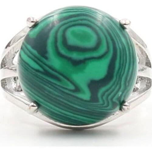 Malachite Stone Round Shape Silver Plated Resizable Finger Ring Snowflake Stone Ethnic Style Jewelry