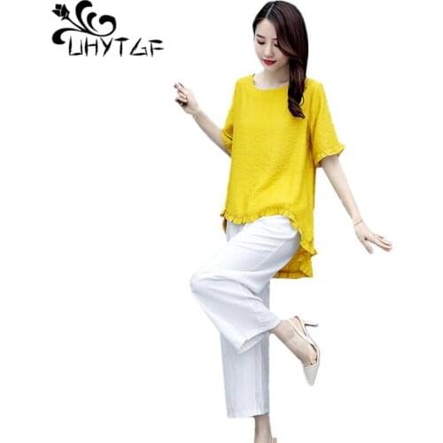 UHYTGF Cotton Linen Suit Women Short-Sleeved Casual Summer Two-Piece Set Female Wide-Leg Pants Loose 3XLPlus Size Tracksuit 1684