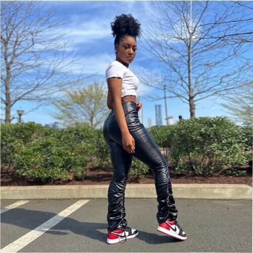 Sexy Stacked Leggings Autumn Pants Women ClothingFashion Imitation Leather Folds Sweatpants Club Streetwear Y2k Wholesale Items