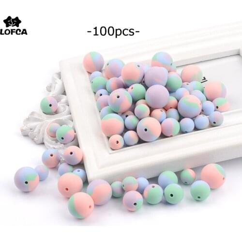 LOFCA 100PCS Silicone Beads Tie-dye Colorful Teething BeadsTeether Round Teething For Infant Baby DIY Chewable
