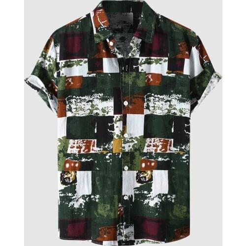 JAYCOSIN Mens Printed Shirt Hawaiian Loose Short Sleeve Shirt Casual Beach Contrast Plaid Shirt Turn-Down Collar Vintage Shirt