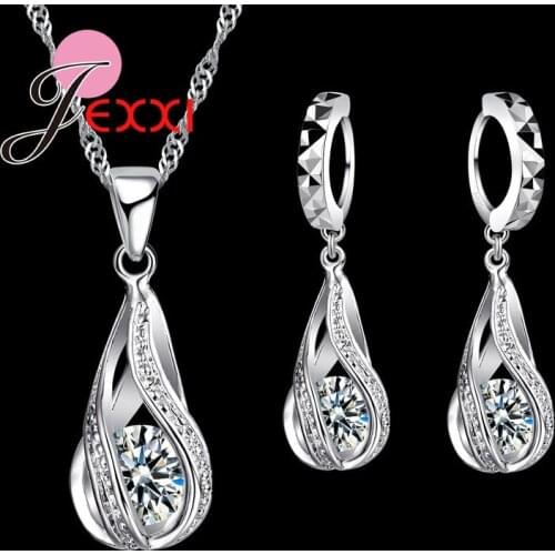 925 Sterling Silver Classic Drop Shape White Crystal Jewelry Sets Water Wave Necklace Pendant Hoop Earrings