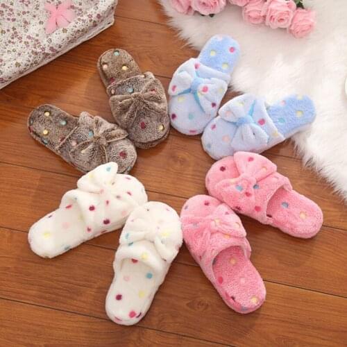 New Cute Bow Cotton Slippers Women Winter Warm Indoor Home Floor Non-slip Shoes Girls Casual Soft Plush Flat Comfortable Slipper