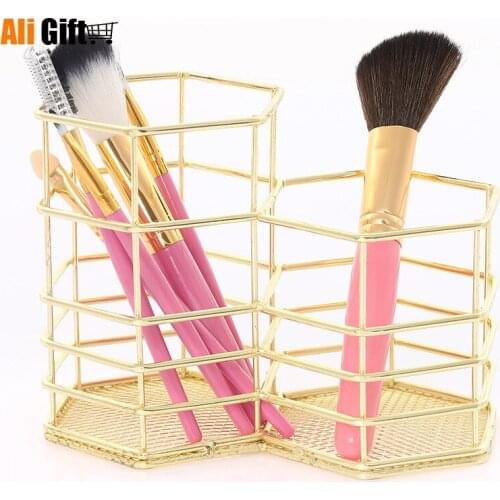 New Double Hexagon Hollow Pen Pencil Pot Tube Rose Gold Storage Basket Iron Storage Basket Cosmetics Sundries Storage Basket