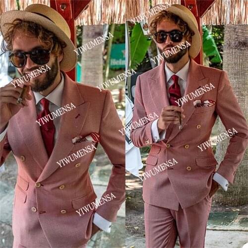YIWUMENSA Casual Double Breasted Pink Men Suits For Groom Wear Beach Blazers 2 Pieces Jacket With Pants Business Plaid Coat 2021